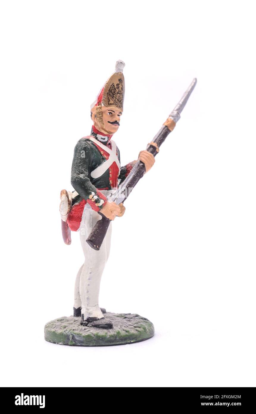 Zinnsoldat Grenadier Wachen Pawlowski Regiment, 1813 isoliert auf weiß Stockfoto