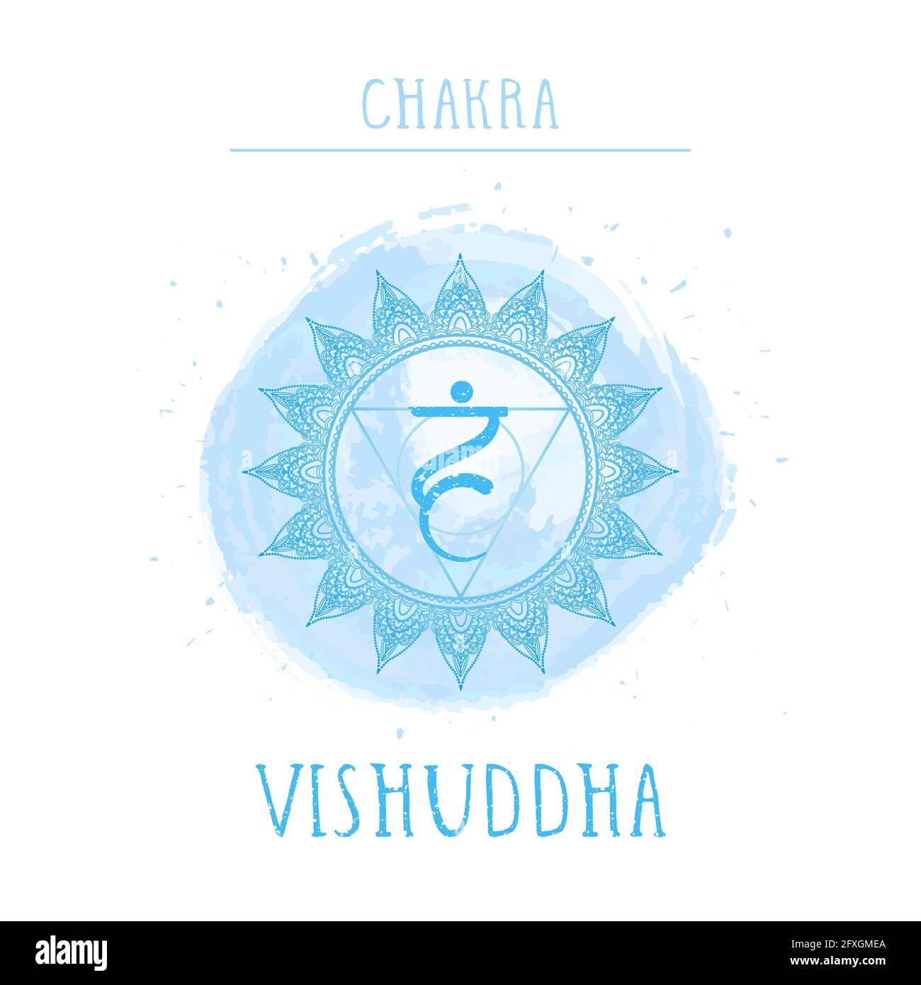 Vektor-Illustration mit Symbol Chakra Vishuddha und Aquarell-Element auf weißem Hintergrund. Kreis-Mandala-Muster und handgezeichnete Schriftzüge. Farbig. Stock Vektor