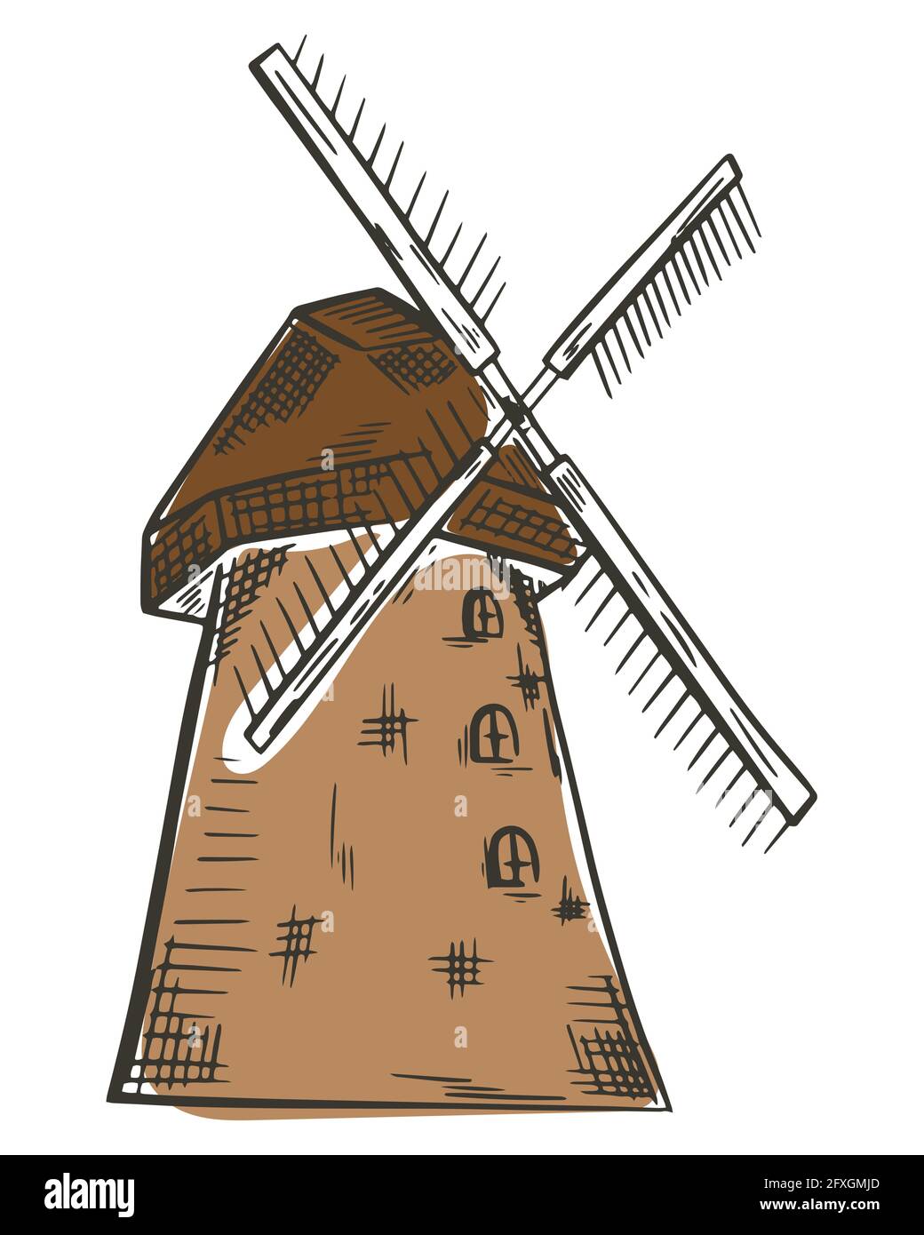 Windmühle, Vektor. Alte hölzerne traditionelle Getreidemühle. Verarbeitung von Getreide. Handzeichnung. Farbskizze Landwirtschaft Stock Vektor