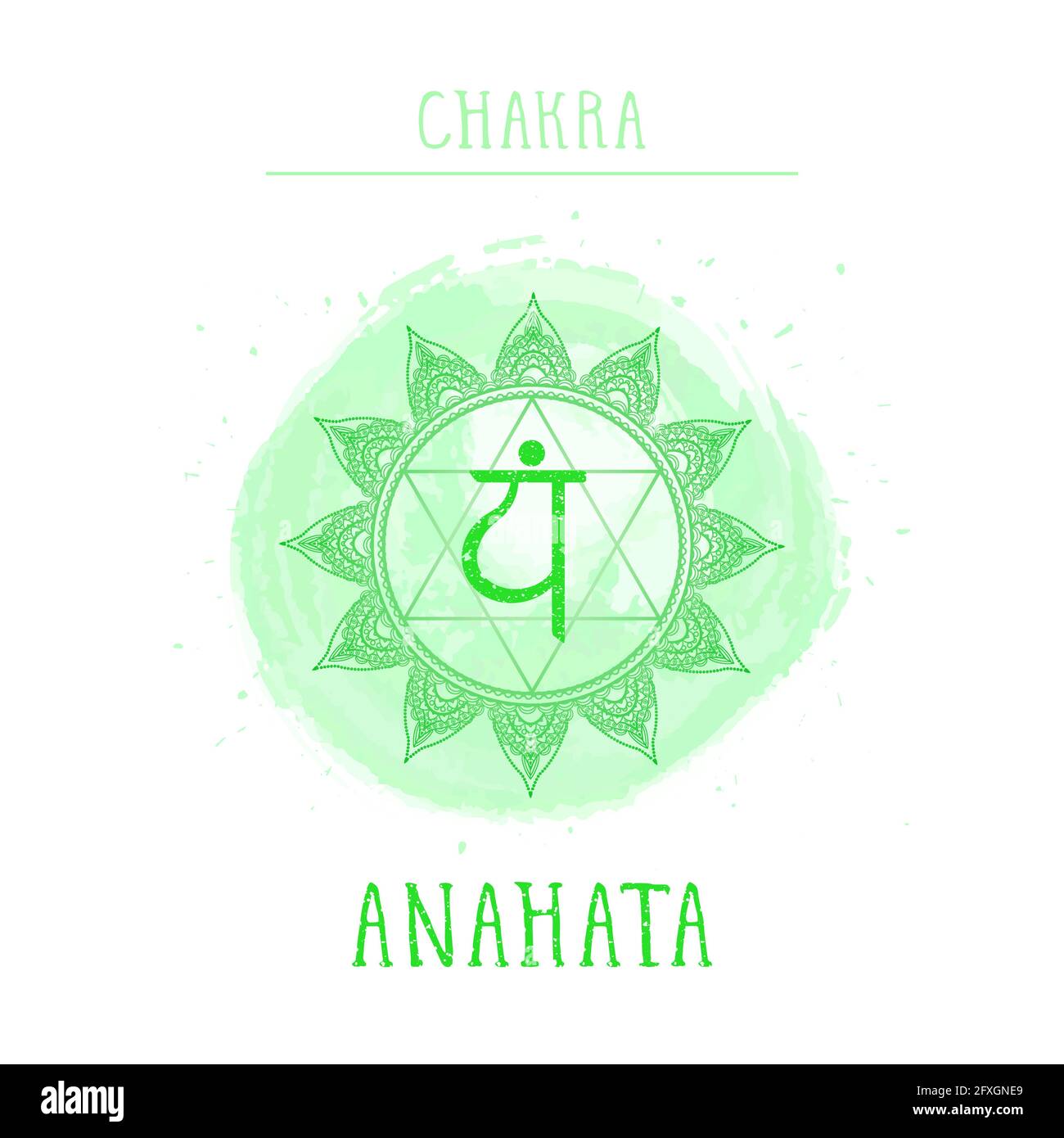 Vektor-Illustration mit Symbol Chakra Anahata und Aquarell-Element auf weißem Hintergrund. Kreis-Mandala-Muster und handgezeichnete Schriftzüge. Farbig. Stock Vektor
