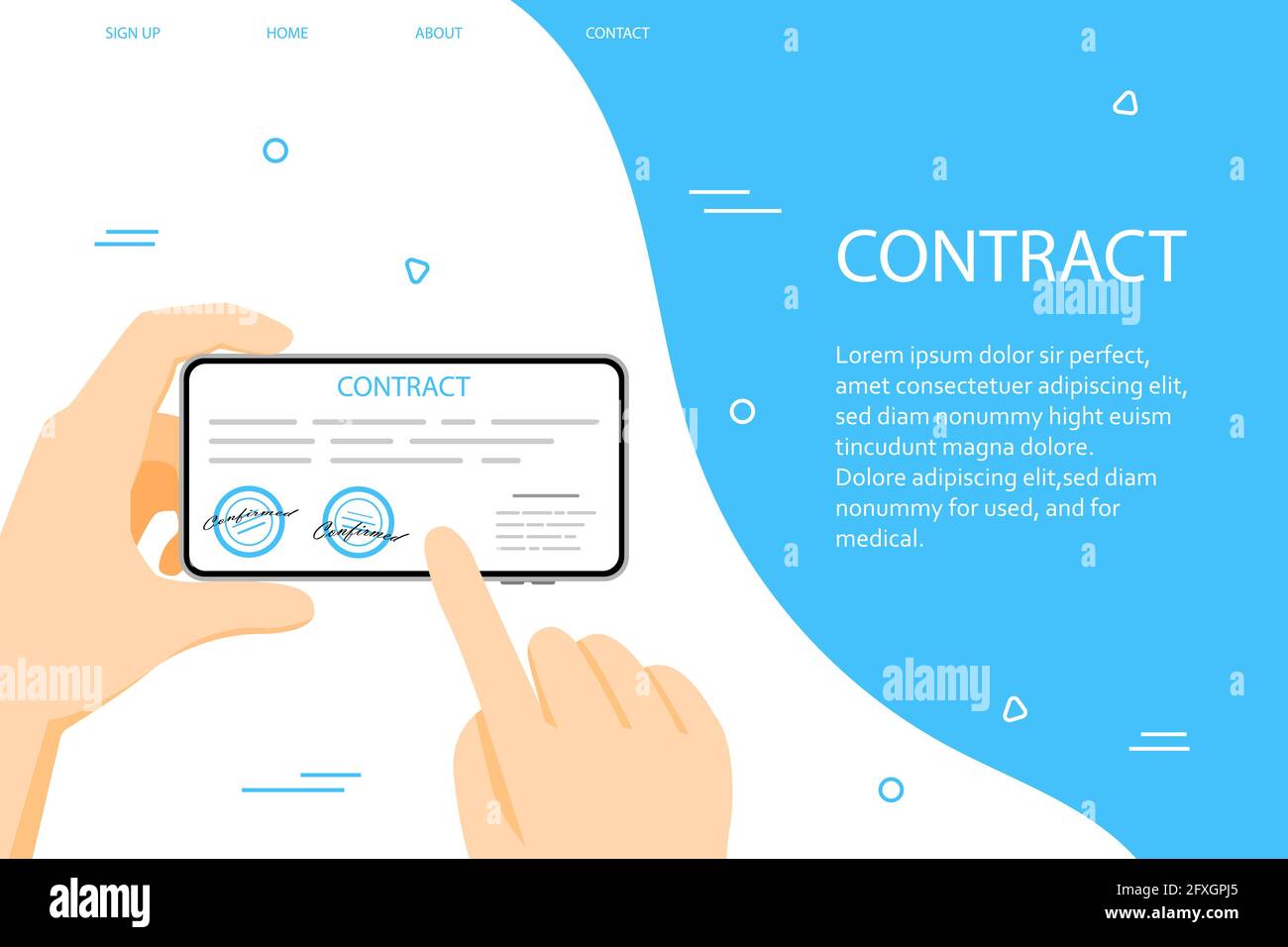 Elektronisches Vertrags- oder digitales Signaturkonzept in Vektordarstellung. Online-Unterzeichnung von E-Contract-Dokumenten über Desktop-PC. Website- oder Website-Layout Stock Vektor