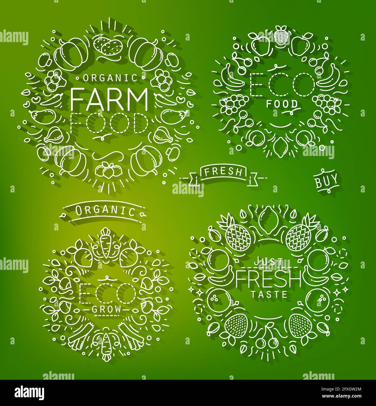 Dekorative Elemente auf Bauernhof Thema in flachem Stil, Zeichnung mit grauen Linien auf grünem Hintergrund Stock Vektor