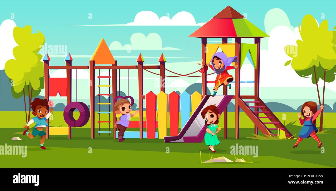 Kinder Spielplatz Cartoon Vektor Illustration Mit Multinationalen Vorschulkinder Figuren Laufen Und Spass Im Park Kaukasisch Afrikanisch Stock Vektorgrafik Alamy