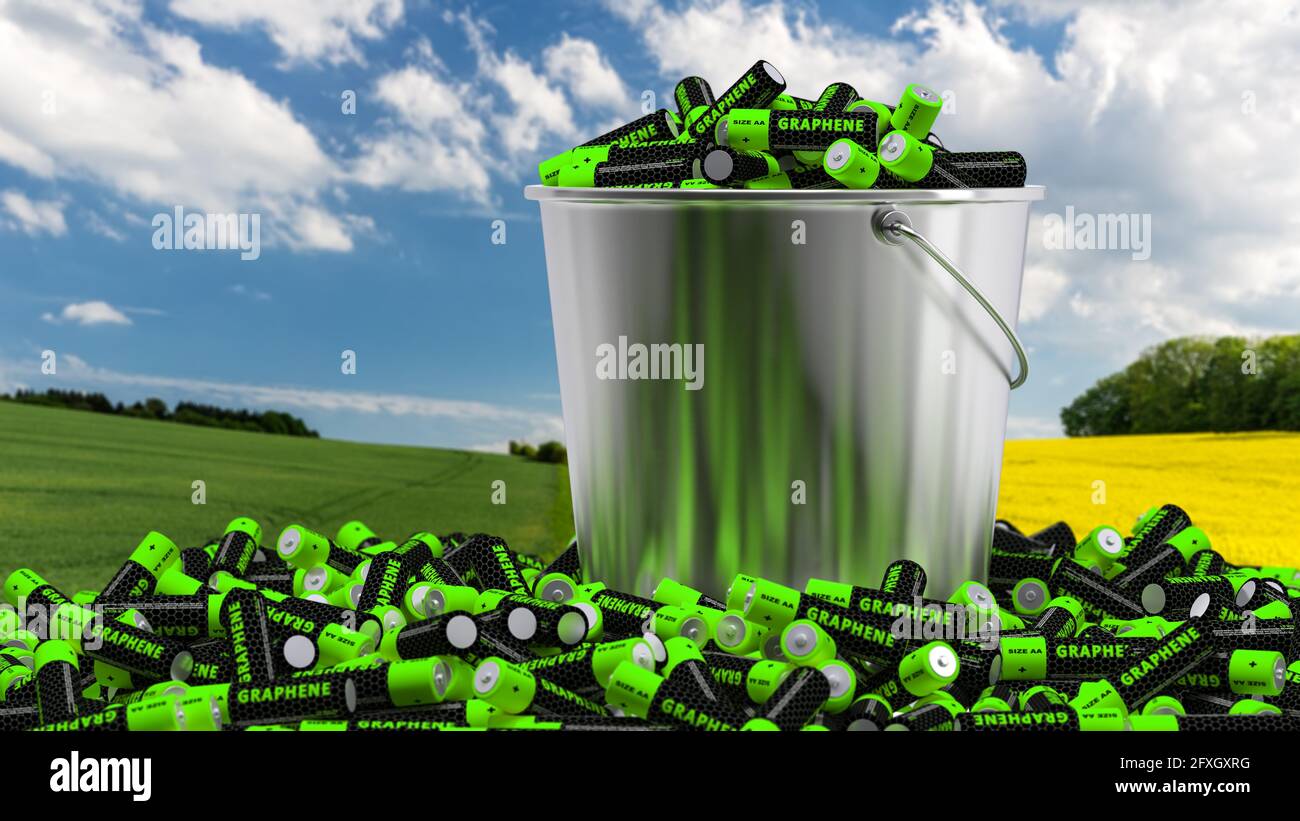 Generische Graphen-AA-Batterien in einem Eimer. 3D-Rendering Stockfoto