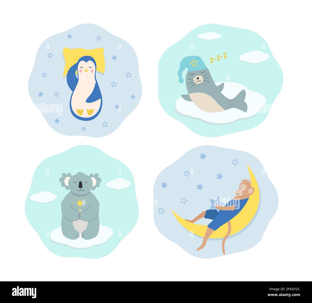 Set von lustigen Cartoon Tiere schlafen und träumen. Ein Pinguin schläft auf einem Kissen, versiegelt in einem Schlummertrunk, ein Affe schläft auf dem Mond, Koala mit einer magischen wa Stockfoto