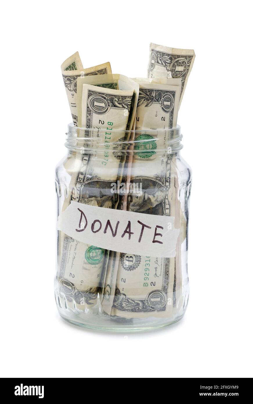 Glas für Spenden gefüllt mit einem Dollar-Banknoten isoliert Auf weißem Hintergrund Stockfoto