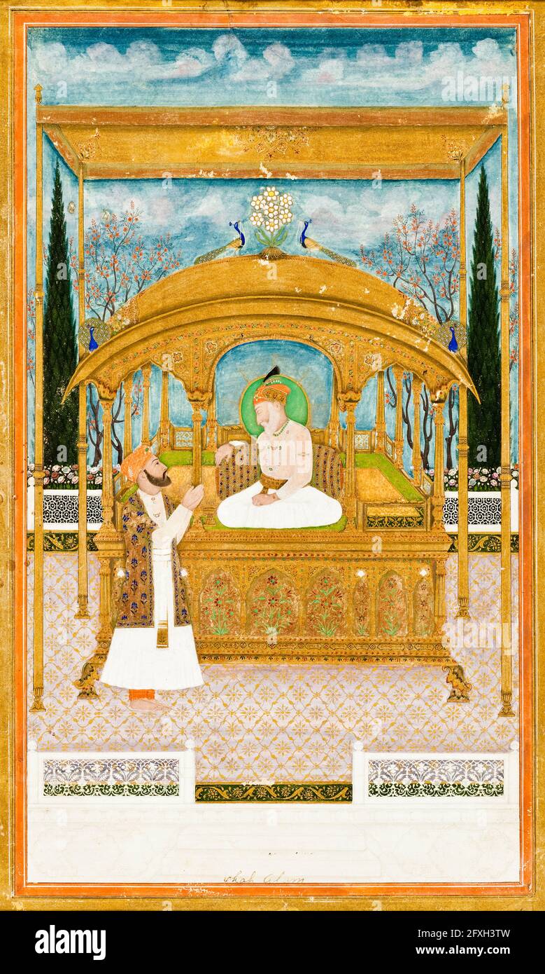 Kaiser Shah Alam II. (1728-1806), 17. Moghul-Kaiser (1760-1788 und 1788-1806) auf dem Pfauenthron, Porträtmalerei von Khair Ullah Musawir, 1801 Stockfoto