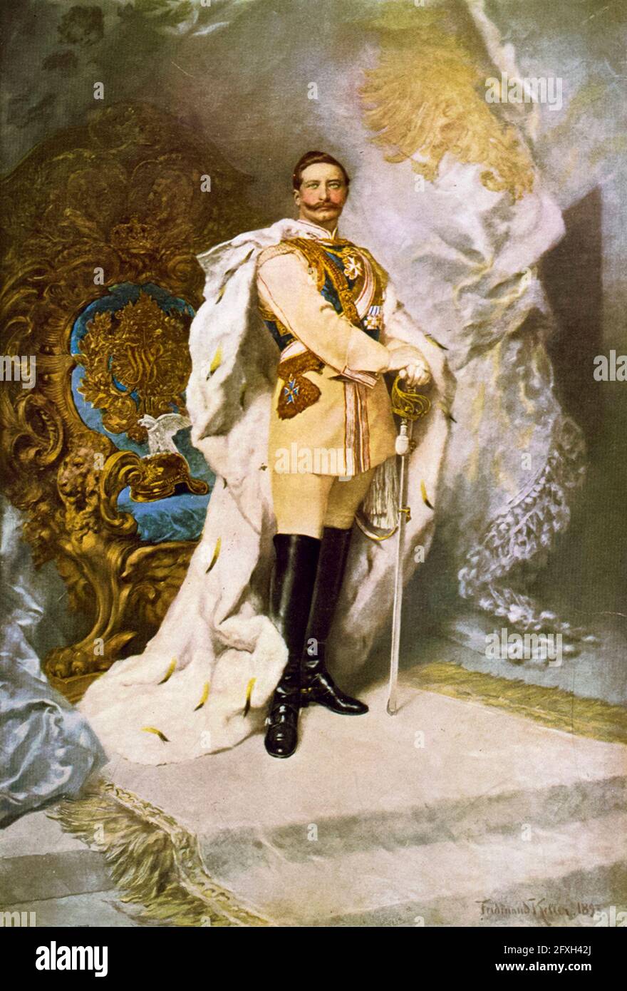 Wilhelm II. (1859-1941) (Wilhelm II.) in feierlichen Gewändern, der letzte deutsche Kaiser und König von Preußen (1888-1918), Porträtdruck von Ferdinand Keller, 1893 Stockfoto