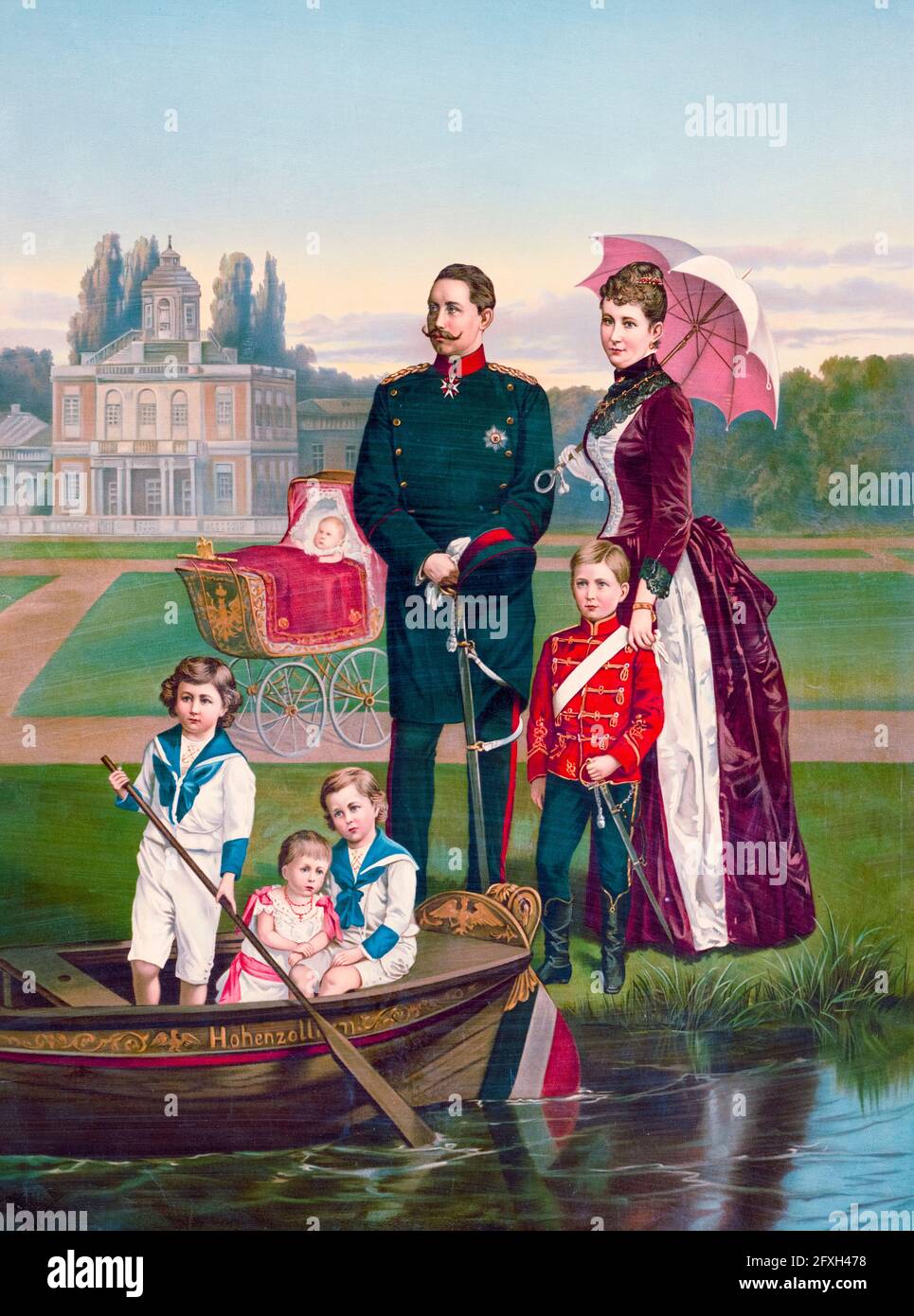 Familienportrait von Wilhelm II. (1859-1941) (Wilhelm II.), dem letzten deutschen Kaiser und König von Preußen (1888-1918) und seiner Frau Kaiserin Augusta Victoria von Schleswig-Holstein (1858-1921), mit ihren Kindern, Druck 1889 Stockfoto
