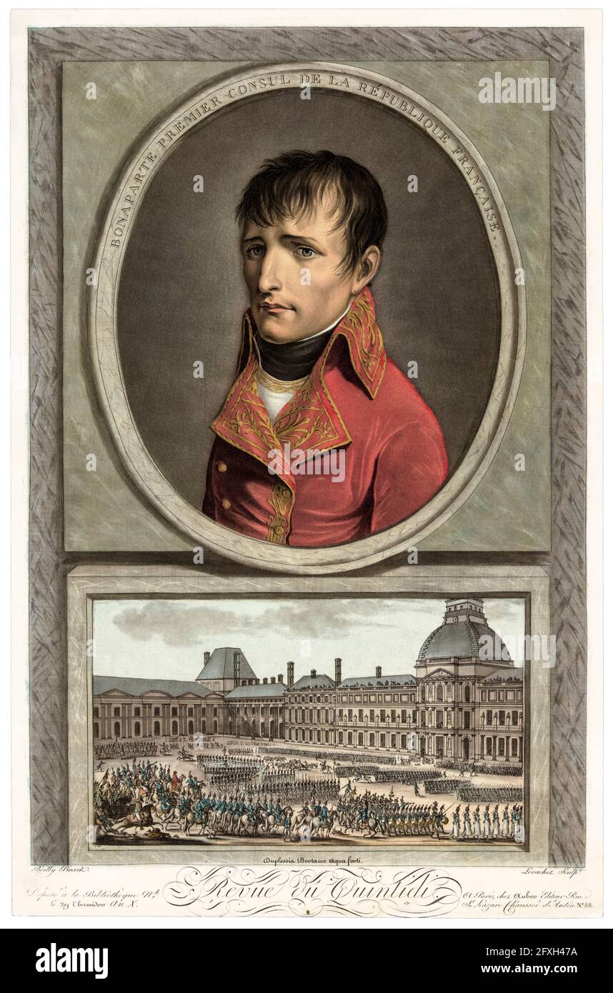 Napoléon Bonaparte (1769-1821), Kaiser von Frankreich, inspiziert Truppen (untere Tafel), mit Medaillon-Porträt (oben), Aquatinta-Druck von Louis Boilly, 1800-1810 Stockfoto