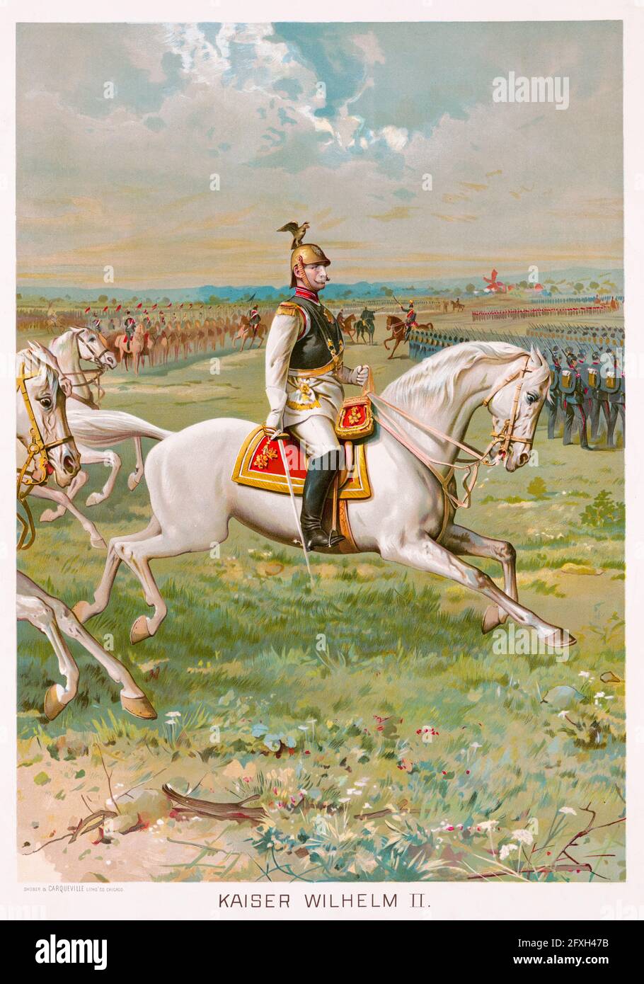 Wilhelm II. (1859-1941) (Wilhelm II.) in Militäruniform zu Pferd, der letzte deutsche Kaiser (Kaiser) und König von Preußen (1888-1918), Reiterportrait von Shober & Carqueville Litho, um 1891 Stockfoto