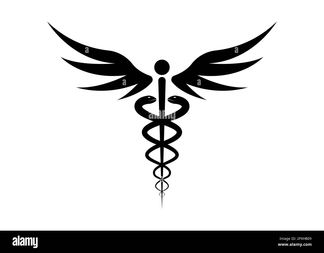 Medizinisches Caduceus-Symbol in schwarzer Farbe. Logo Konzept der öffentlichen Gesundheit, zwei Schlangenfackeln Silhouette. Altes hermes-Stabzeichen, Vektor isoliert auf Weiß Stock Vektor