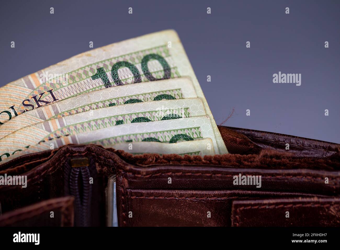 Viele polnische Banknoten ragen aus einer braunen Ledertasche. Foto aufgenommen unter künstlichem, weichem Licht, Grau, verschwommenem Hintergrund. Stockfoto