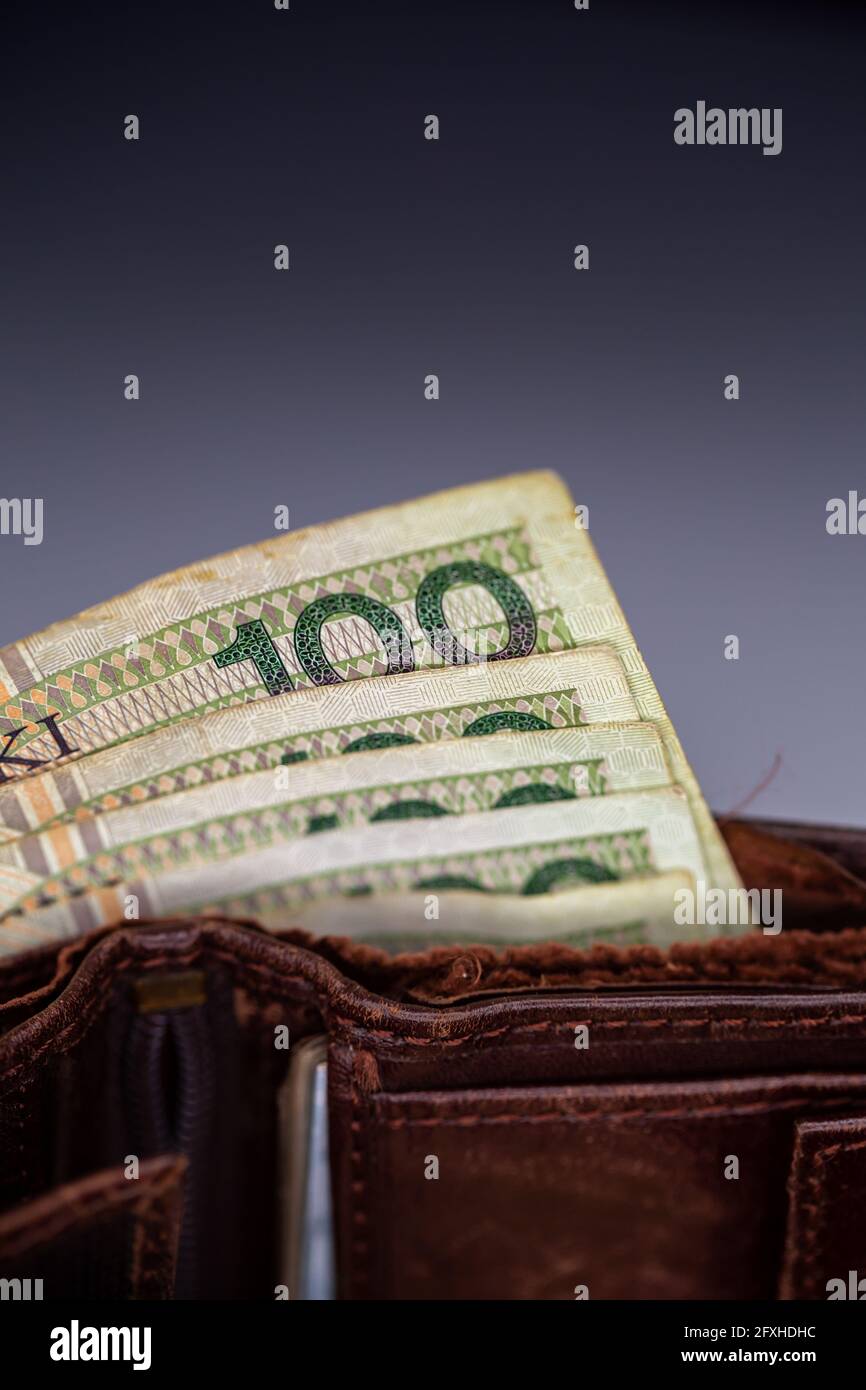 Viele polnische Banknoten ragen aus einer braunen Ledertasche. Foto aufgenommen unter künstlichem, weichem Licht, Grau, verschwommenem Hintergrund. Stockfoto