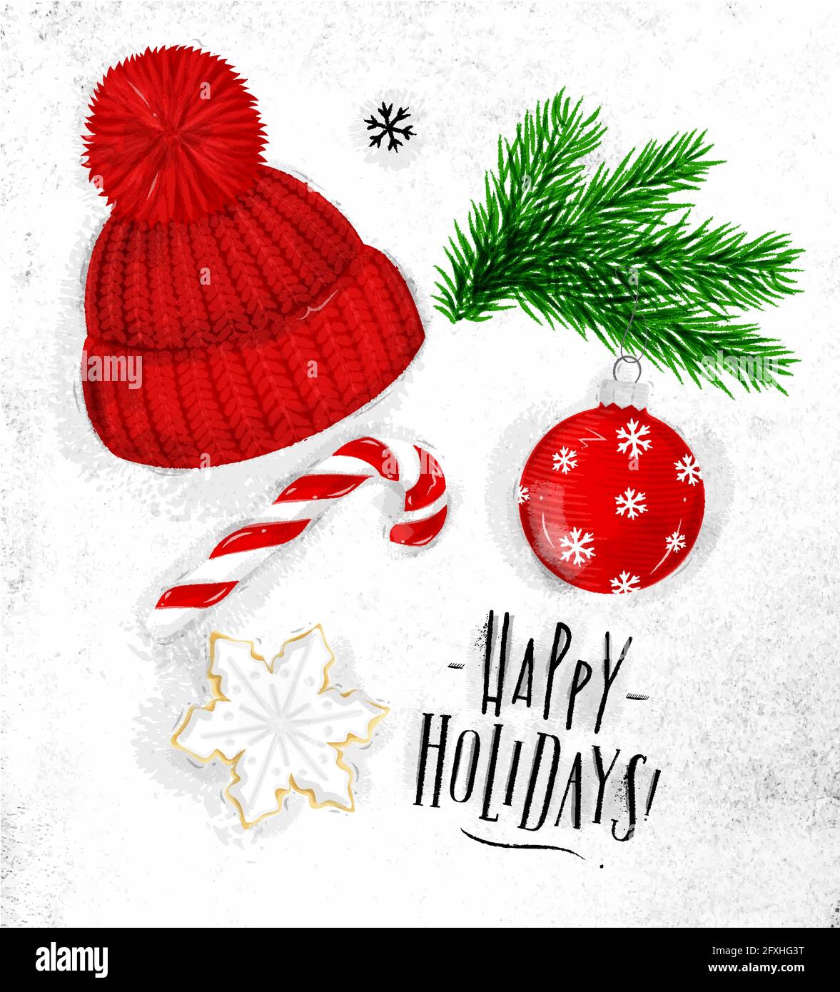 Weihnachtsthema Symbole Keks, Weihnachtsbaum, Dekoration, Hut, Bonbon-Schriftzug frohe Feiertage Zeichnung im Vintage-Stil auf schmutzigem Papier Stock Vektor