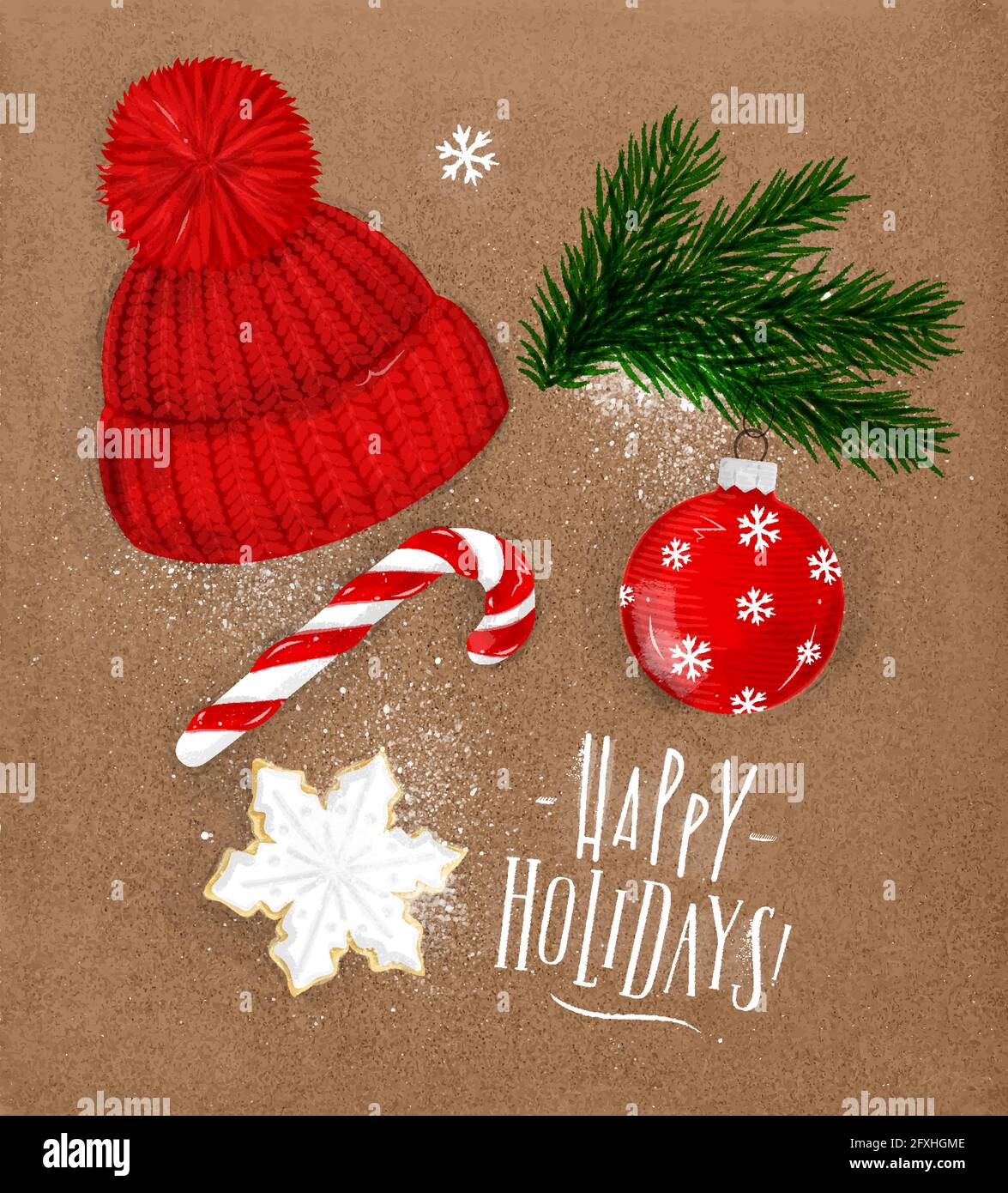 Weihnachten Thema Symbole Keks, Weihnachtsbaum, Dekoration, Hut, Süßigkeiten Schriftzug frohe Feiertage Zeichnung im Vintage-Stil auf Handwerk Stock Vektor