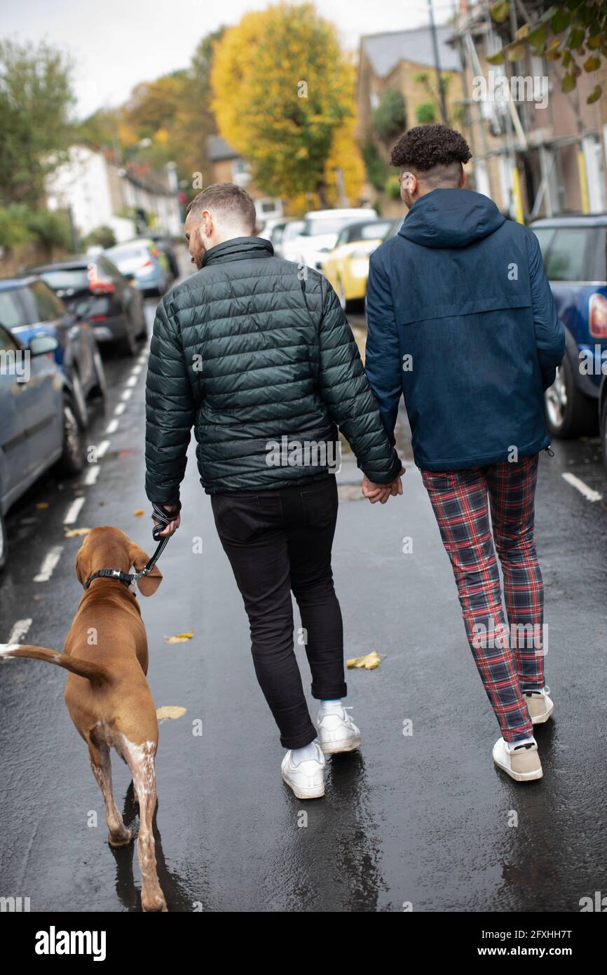 Gay Männlich Paar hält Hände gehen Hund auf nassen Straße Stockfoto