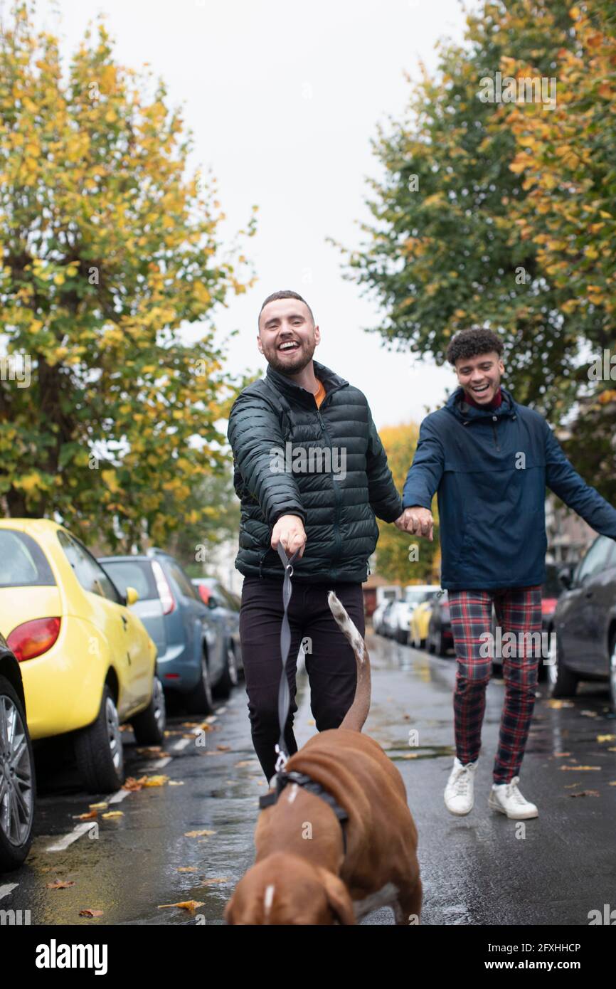 Glücklich Gay männlichen Paar Hund auf nassen Herbst Straße gehen Stockfoto