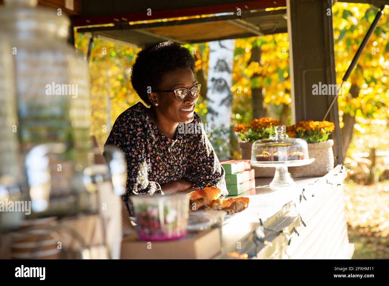 Glückliche weibliche Lebensmittel-Cart-Besitzer in sonnigen Park Stockfoto