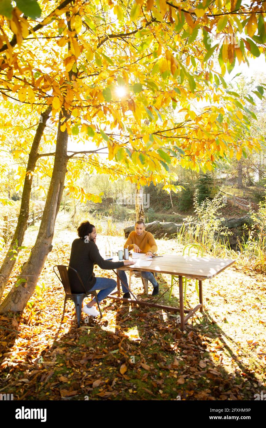 Geschäftsleute, die am Tisch in einem sonnigen, idyllischen Herbstpark arbeiten Stockfoto