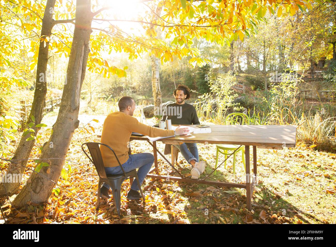 Geschäftsleute treffen sich am Tisch im sonnigen idyllischen Herbstpark Stockfoto