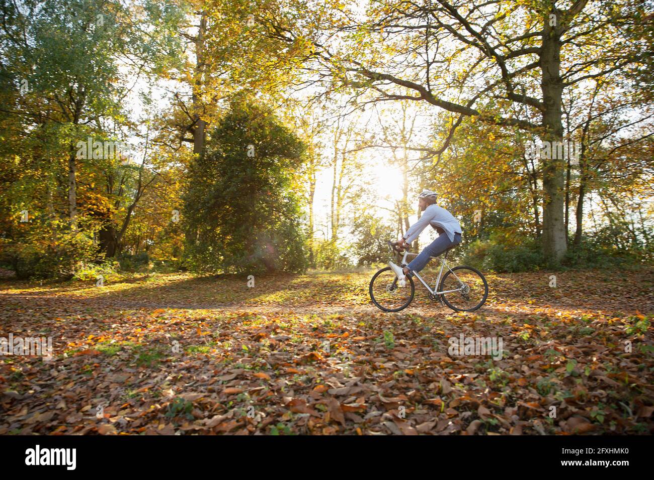 Sorglose junge Frau, die im Park mit dem Fahrrad durch Herbstblätter fährt Stockfoto