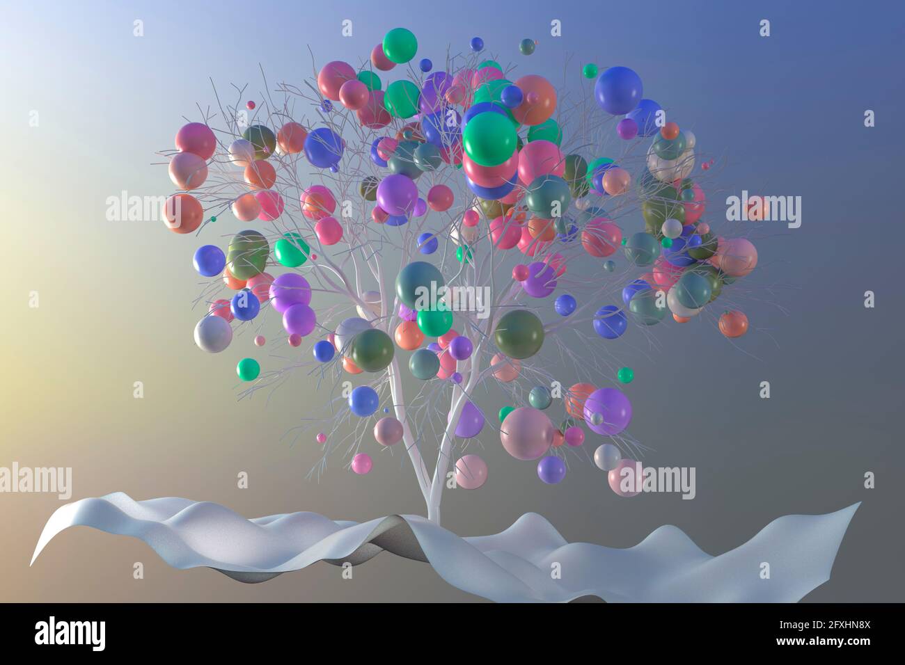 Digital erzeugtes Bild mehrfarbige Kugeln wachsen im Baum Stockfoto