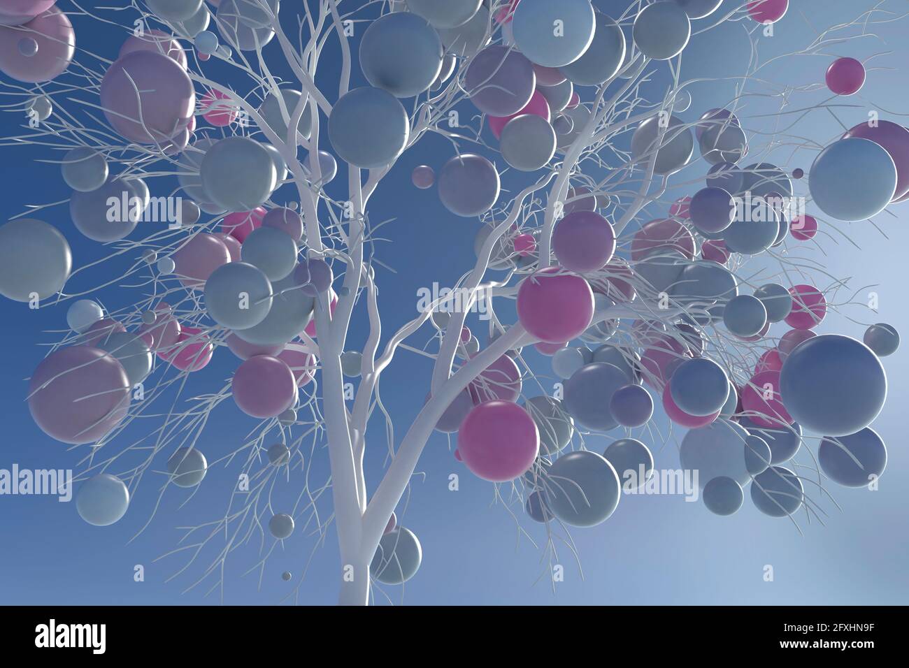Digital erzeugtes Bild Pastellkugeln wachsen auf weißem Baum Stockfoto