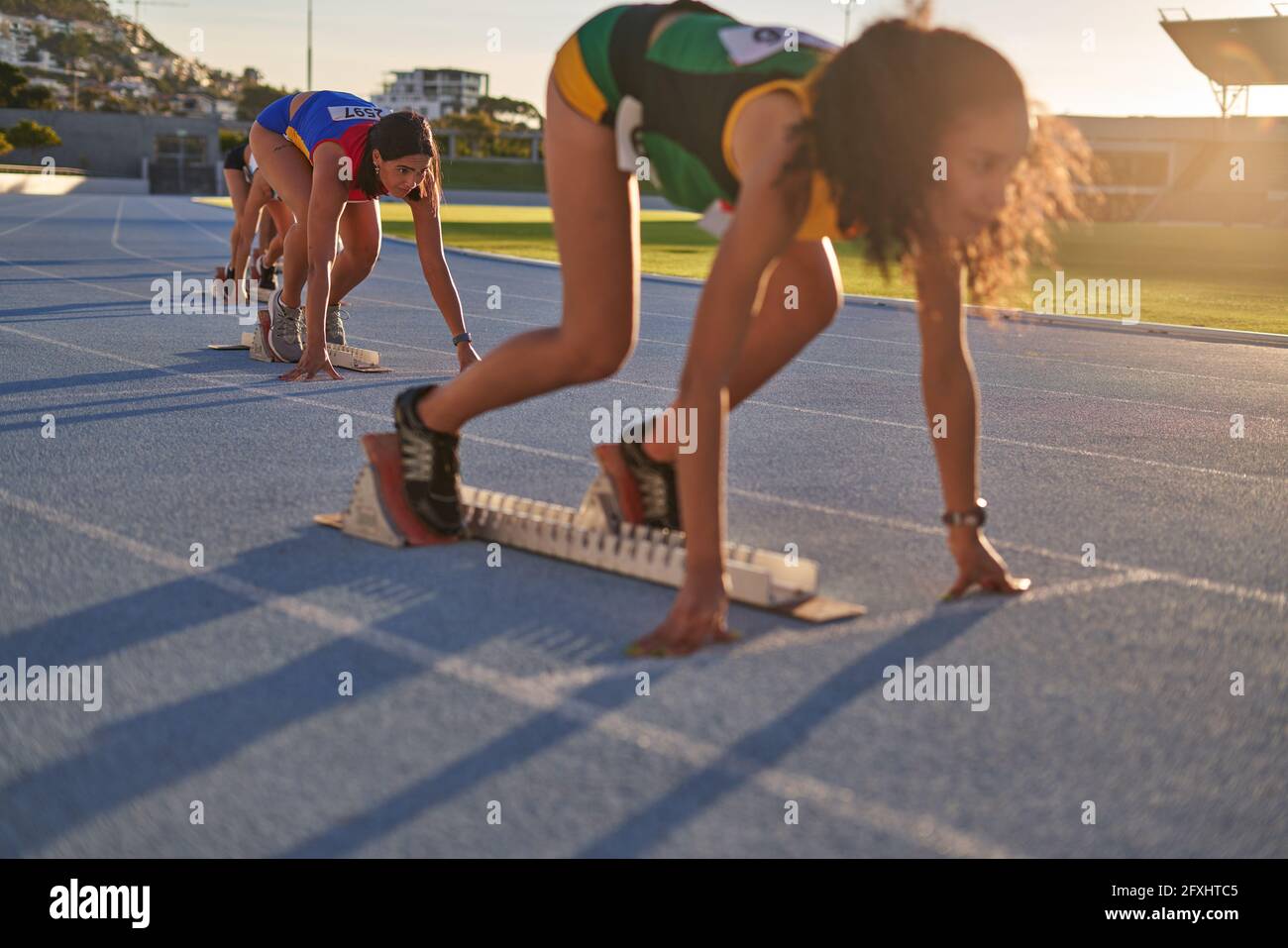 Weibliche Leichtathletik-Athleten an den Startblöcken auf der sonnigen Strecke Stockfoto