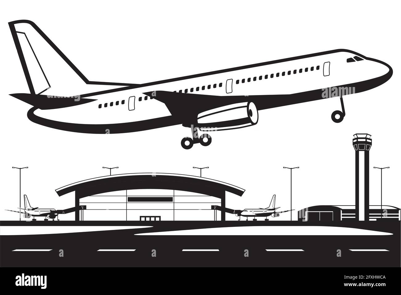 Flugzeuge landen auf der Start- und Landebahn am Flughafen Stock Vektor