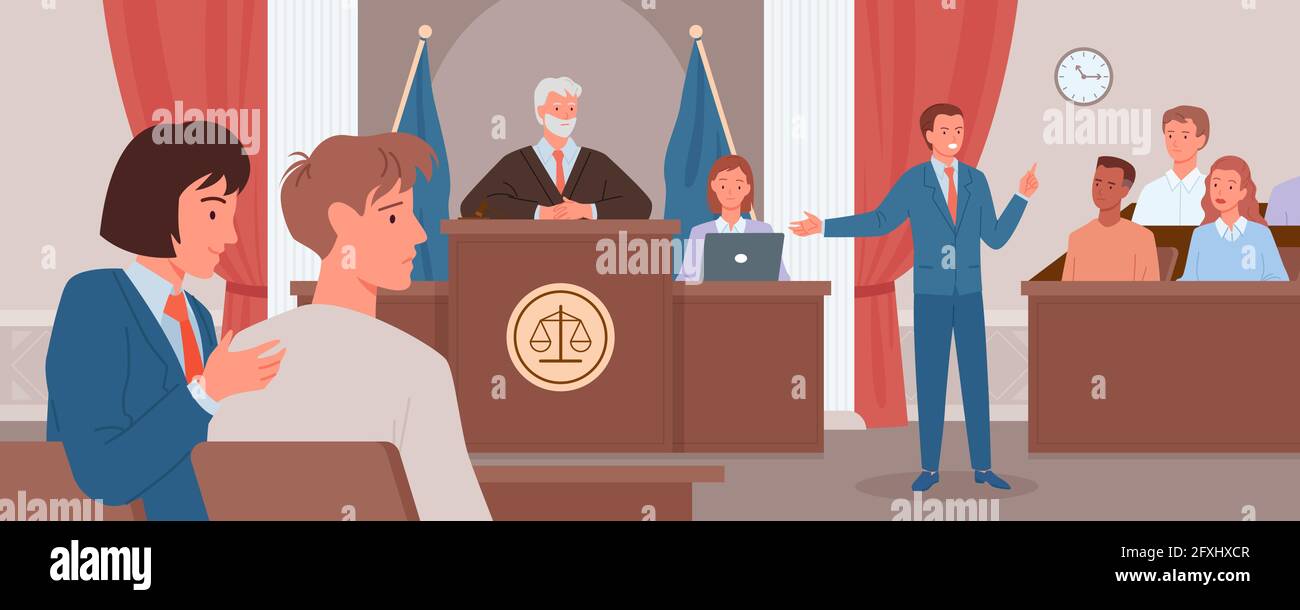 Gerichtsurteil, Rechtsgerechtigkeit Konzept, Anwalt oder Staatsanwalt halten Rede im Gerichtssaal Stock Vektor