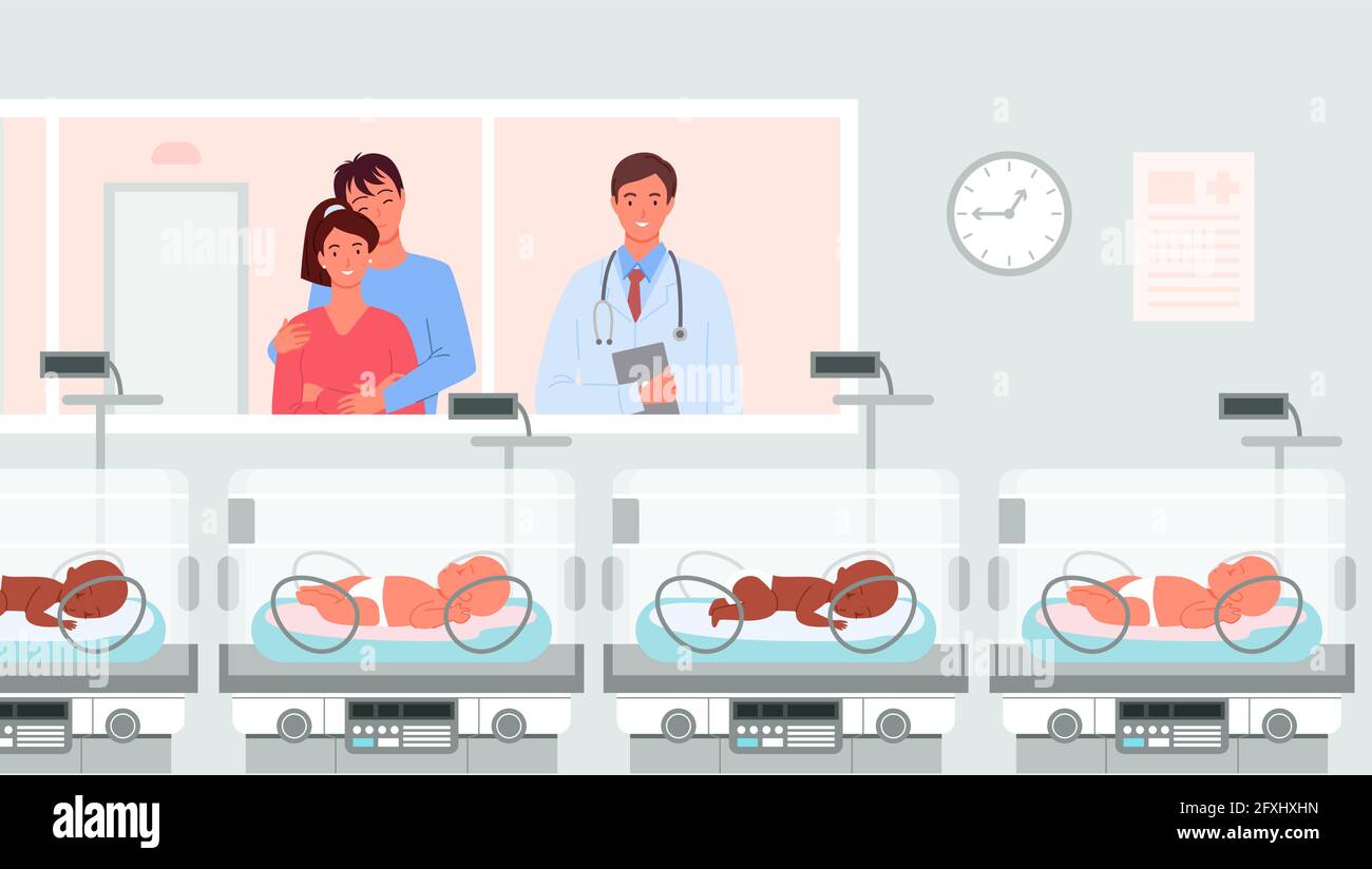Frühgeburten, neonatologe und glückliche Eltern stehen auf der Krankenstation Stock Vektor