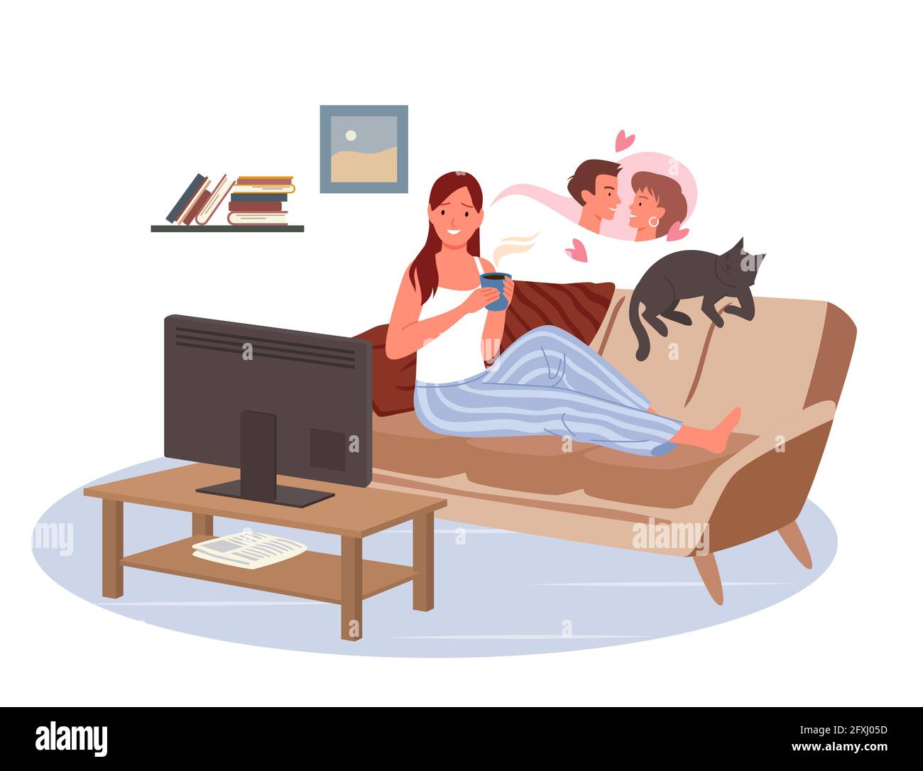 Mädchen beim Fernsehen im Wohnzimmer, junge Frau, die auf der Couch liegt, um einen Liebesfilm zu sehen Stock Vektor