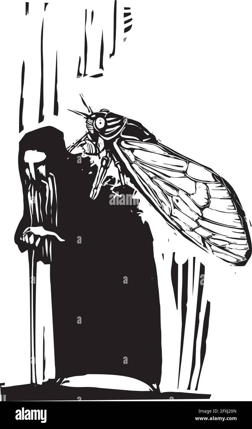 Holzschnitt expressionistischen Stil Bild der Brut X Cicada aus Der Rücken eines alten Mannes Stock Vektor