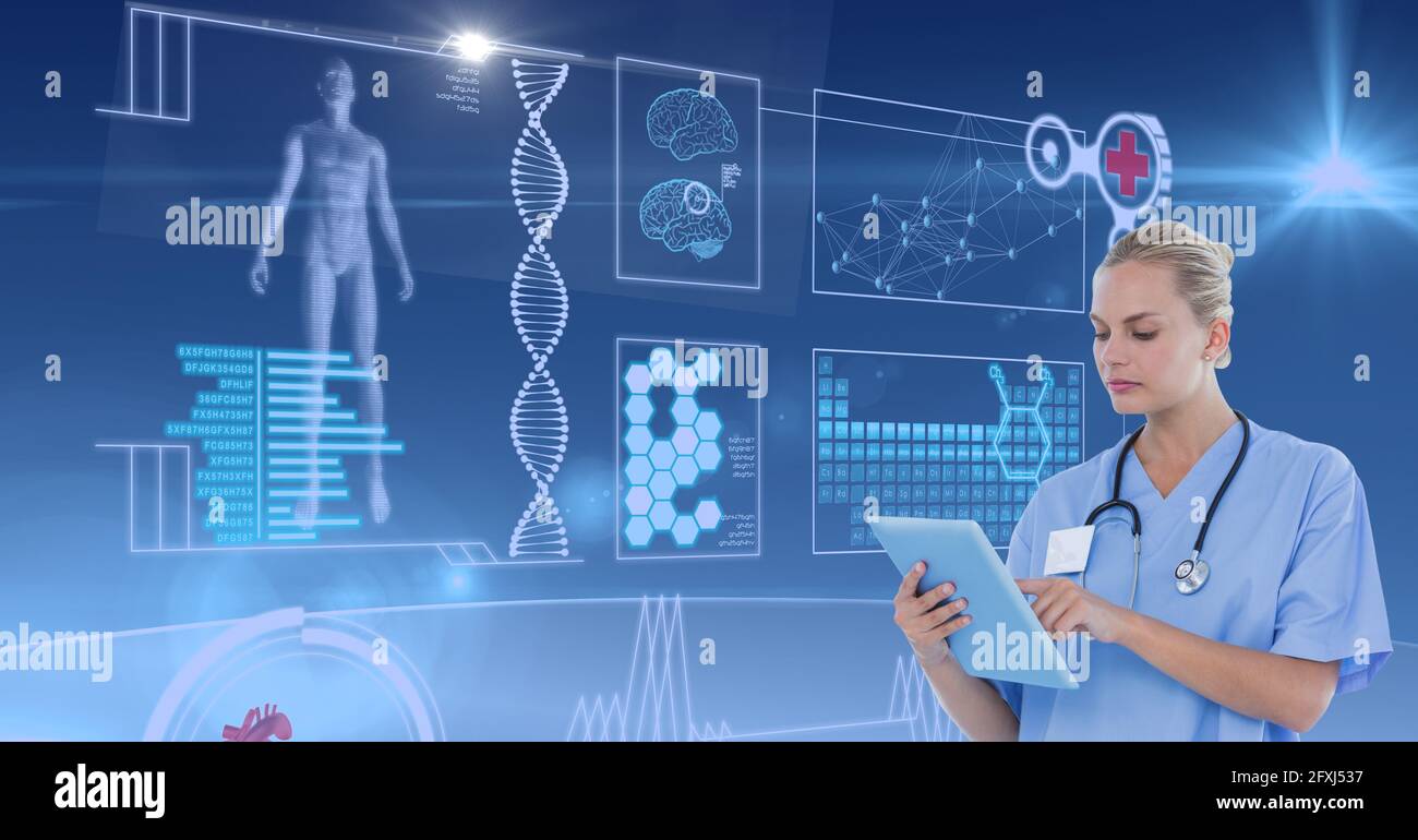 Zusammensetzung einer Ärztin mit einer Tablette über dem Bildschirm, die wissenschaftliche Erkenntnisse zeigt Forschungsschnittstelle Stockfoto