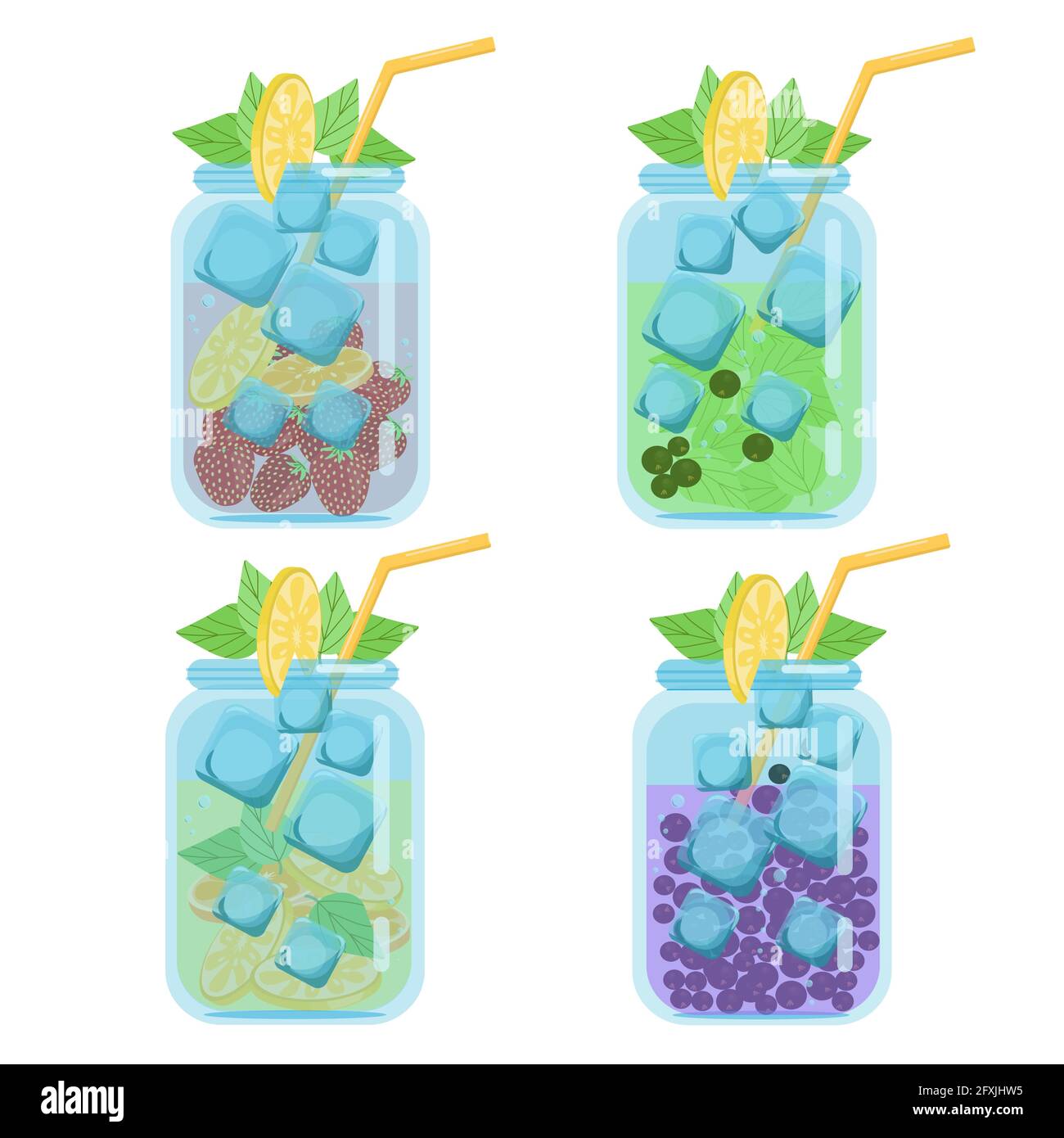 Cocktail Drinks.Set von hellen saftigen Fruchtcocktails in Gläsern, Vektor-Illustration in flachem Stil, isoliert, Cartoon Stock Vektor