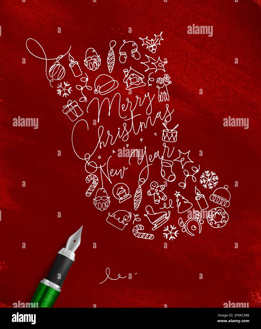 Spielzeug socken Schriftzug Frohe Weihnachten und guten Rutsch ins neue Jahr zeichnen mit PEN-Leiter auf rotem Hintergrund Stock Vektor