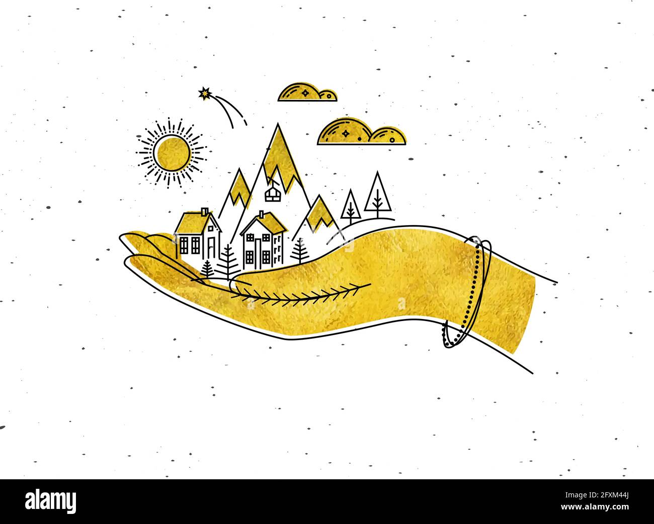 Weihnachtsposter mit Hand, Berge, Sonne, Wolke, Haus, Bäume zeichnen im Grafikstil auf weißem Hintergrund Stock Vektor