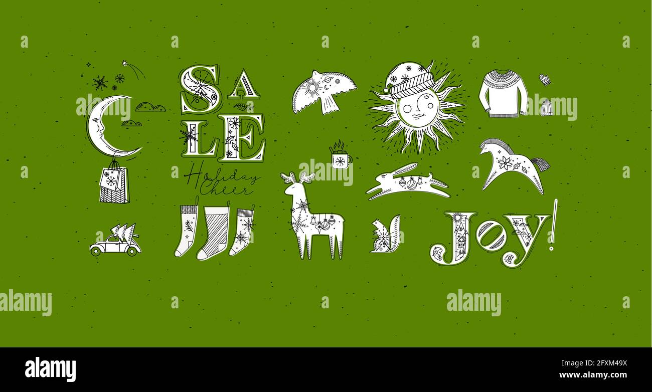 Frohe weihnachten Symbole Schriftzug Verkauf, Feiertagsstimmung, Freude und illustrierte Sonne mit Hut und Mond mit Geschenk, Tasse, Pferd, Hirsch, Kaninchen, hut, Handschuh, ziehen Stock Vektor