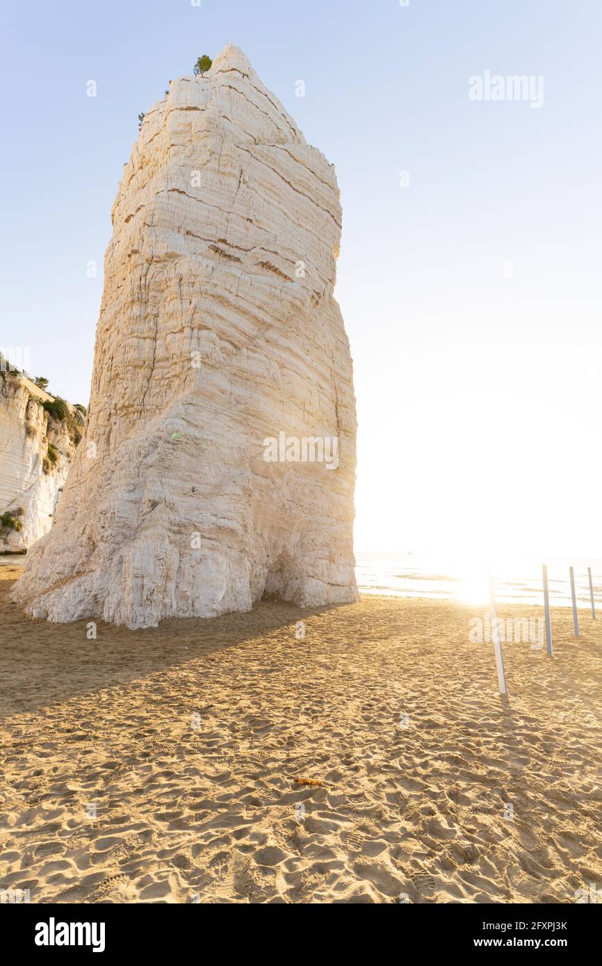 Aufragende weiße Felsen Monolith Pizzomunno bei Sonnenaufgang, Vieste, Foggia Provinz, Gargano Nationalpark, Apulien, Italien, Europa Stockfoto