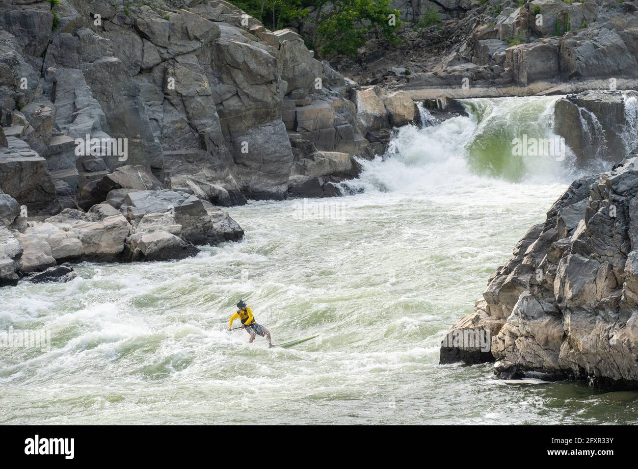 Ian Brown steht Up Paddle surft anspruchsvolles Wildwasser unter den Great Falls des Potomac River, der Grenze zwischen Virginia und Maryland, USA, Nordamerika Stockfoto