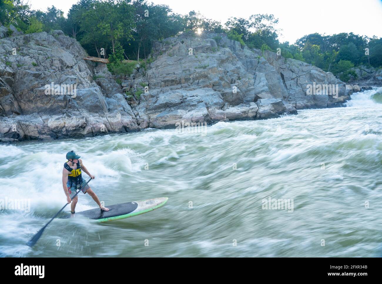 Ian Brown steht Up Paddle surft anspruchsvolles Wildwasser unter den Great Falls des Potomac River, der Grenze zwischen Maryland und Virginia, USA, Nordamerika Stockfoto