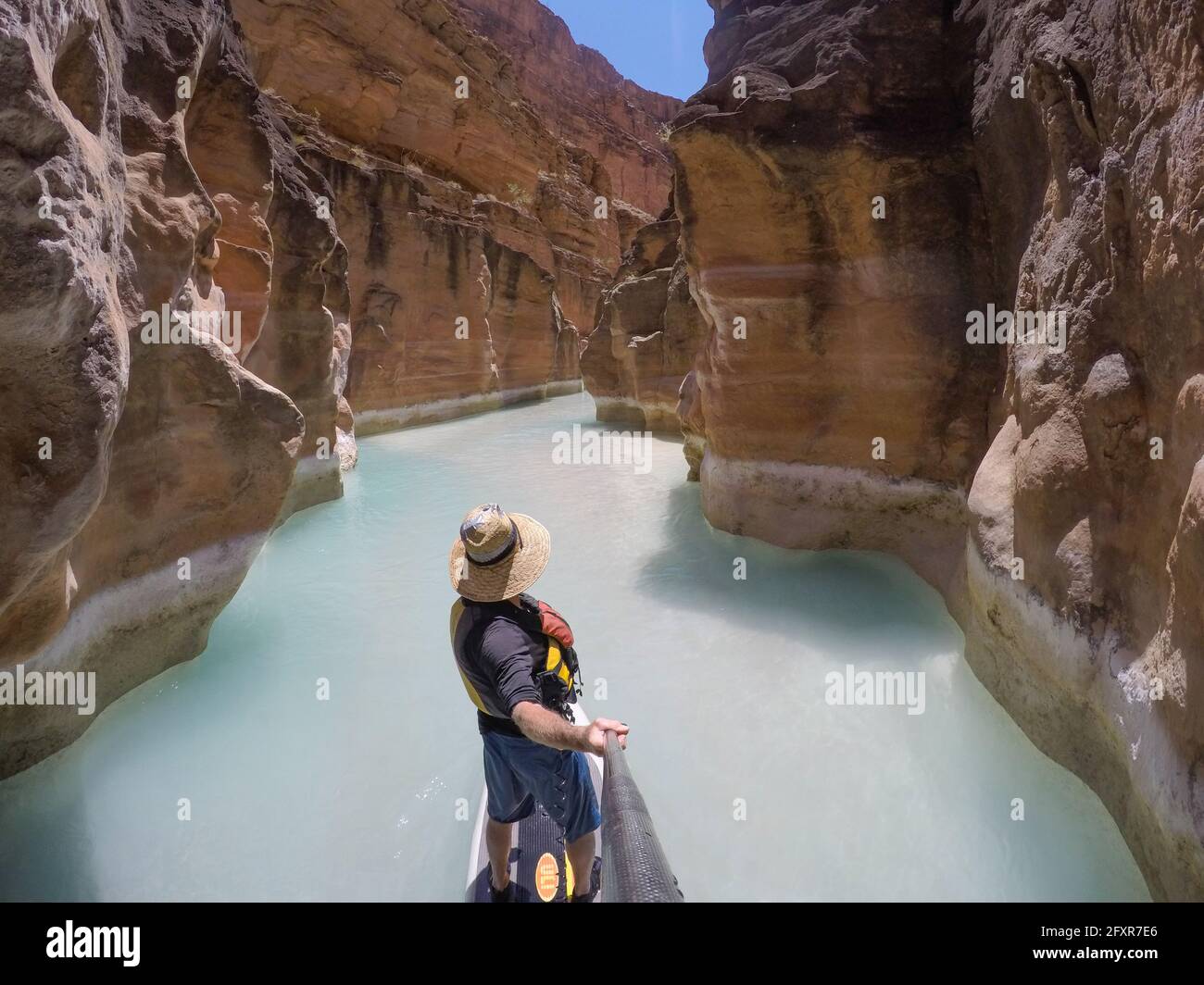 Fotograf Skip Brown auf einem Stand-Up-Paddle-Board an der Mündung des Havasu Creek im Grand Canyon, Arizona, USA, Nordamerika Stockfoto