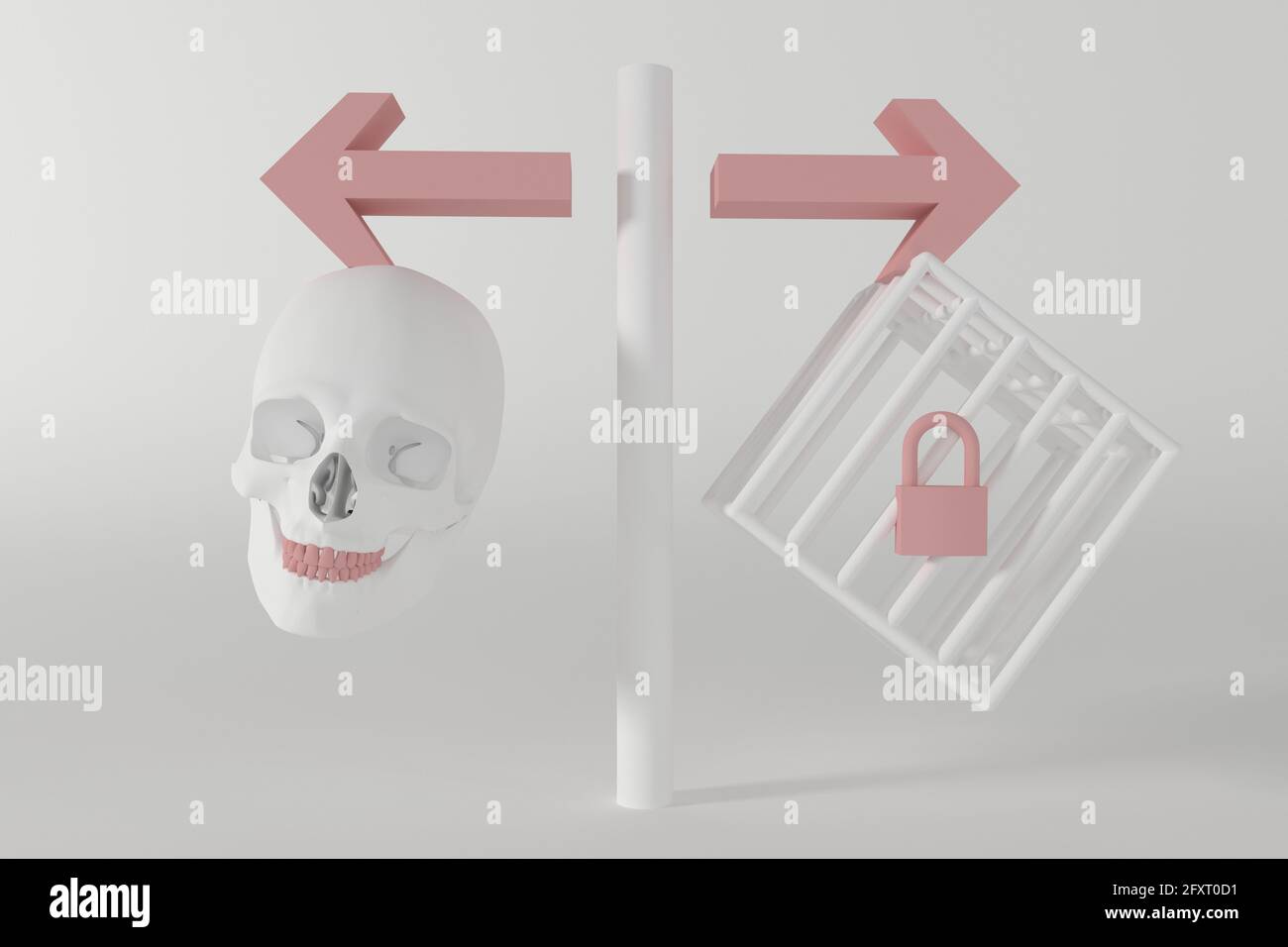 Die Wahl zwischen der Todesstrafe und der Inhaftierung. Ein Zeichen, das auf den Schädel als Symbol des Todes und den Käfig als Gefängnis zeigt, 3d-Illustration Stockfoto