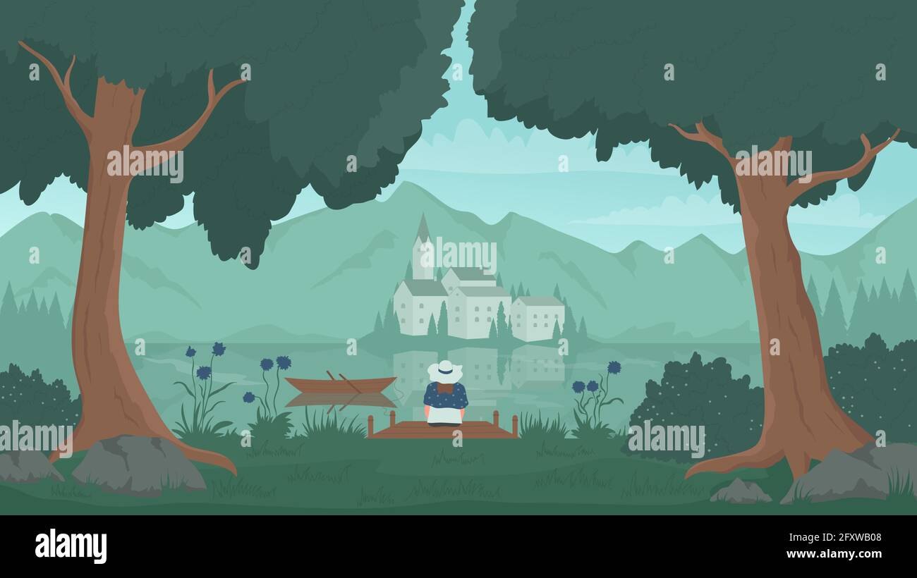 Wald, Insel, hölzerner See Pier Landschaft Vektorgrafik. Cartoon ruhige Abendlandschaft mit alten europäischen Schloss und Bergen am Horizont, touristische Figur sitzt am See unter Bäumen Hintergrund Stock Vektor