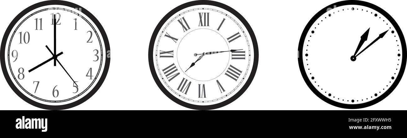 Schwarz-weiße Wand-Bürouhr-Icon-Set. Uhr mit arabischen, römischen Ziffern und Punkten Stock Vektor