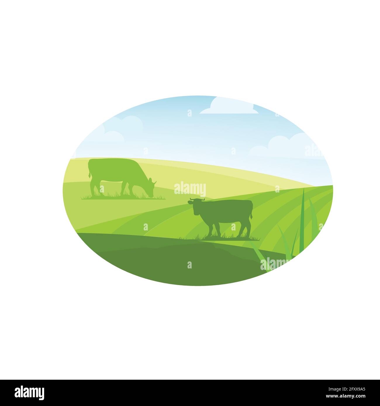 Bauernhof Konzept Logo. Mit Nutztieren und ländliche Landschaft Vorlage. Etikett für natürliche Produkte vom Bauernhof. Logo auf weißem Hintergrund. Stock Vektor