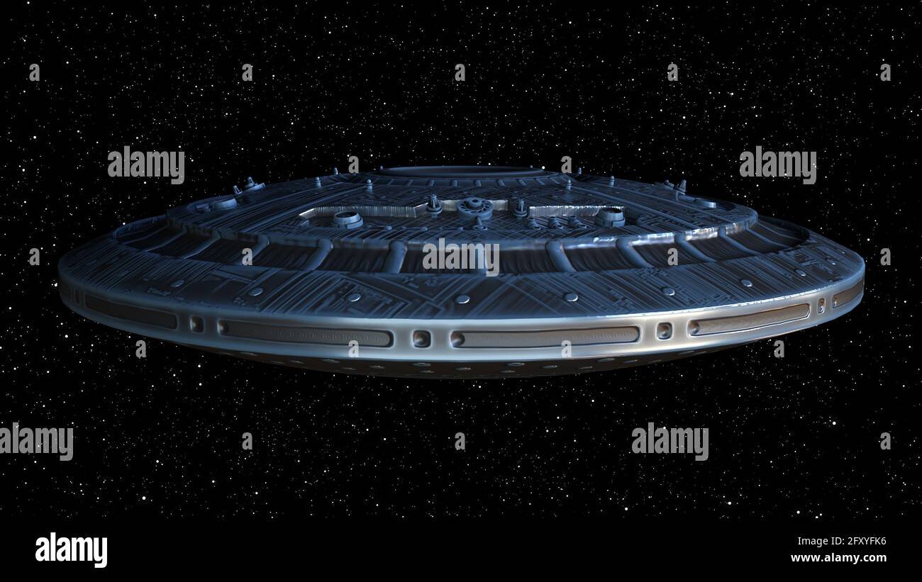Fantastisches Kampfschauerdschadnought nähert sich dem Planeten. Planetary 3d Rendering Zerstörer Vorbereitung für Belagerungs-und Invasion Sternensystem. Rundschiff Scout für Expl Stockfoto