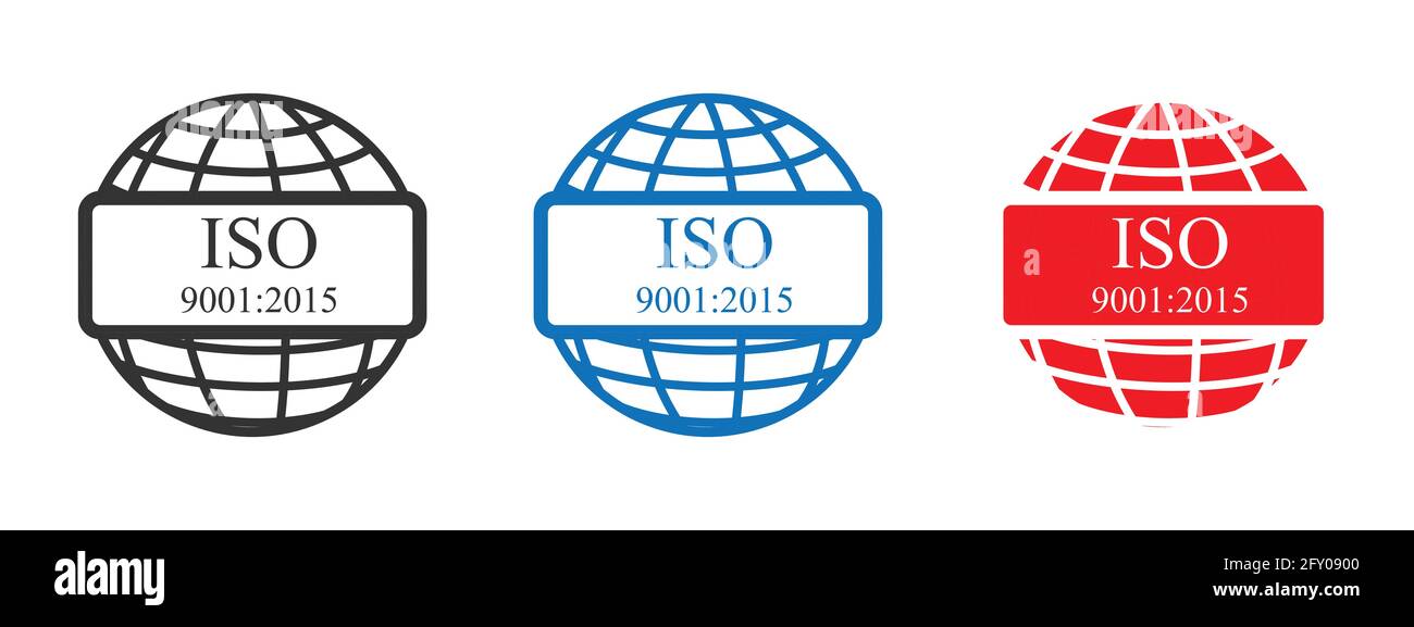 ISO-Symbol: Rot, grau und blau, Umriss. Isolierte Vektorzeichen Symbol Sammlung, gesetzt. Stock Vektor