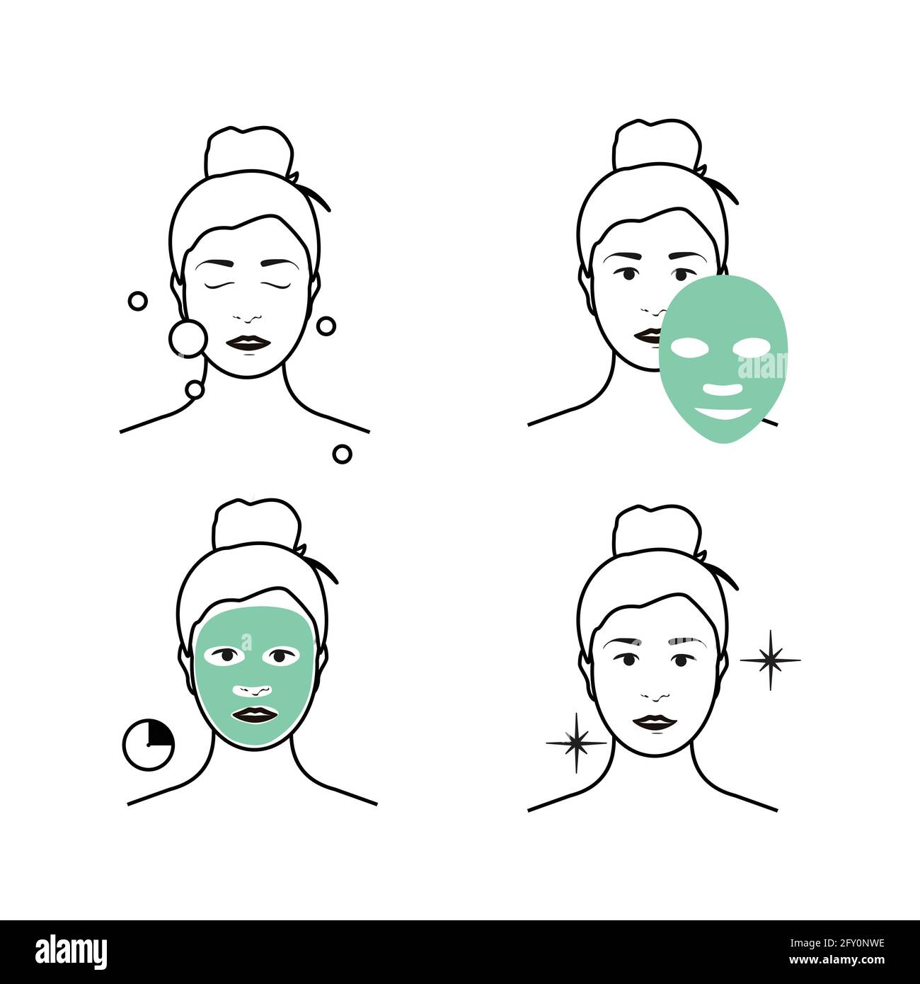 Schritte wie die Gesichtsmaske anwenden. Schönheit Mode Mädchen Gesichtsmaske anwenden. Stock Vektor